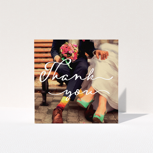 A wedding thank you card template titled "Thank you smoothie". It is a square (148mm x 148mm) card in a square orientation. It is a photographic wedding thank you card with room for 1 photo. "Thank you smoothie" is available as a folded card, with mainly white colouring.
