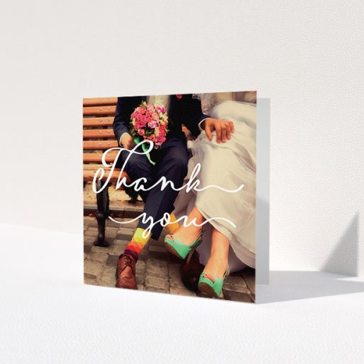 A wedding thank you card template titled 'Thank you smoothie'. It is a square (148mm x 148mm) card in a square orientation. It is a photographic wedding thank you card with room for 1 photo. 'Thank you smoothie' is available as a folded card, with mainly white colouring.