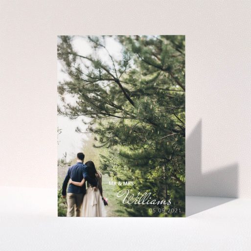 A wedding thank you card named "Thanks Bottom-Right". It is an A5 card in a portrait orientation. It is a photographic wedding thank you card with room for 1 photo. "Thanks Bottom-Right" is available as a folded card, with mainly white colouring.