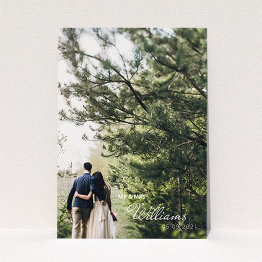 A wedding thank you card design called "Thanks Bottom-Right". It is an A6 card in a portrait orientation. It is a photographic wedding thank you card with room for 1 photo. "Thanks Bottom-Right" is available as a flat card, with mainly white colouring.