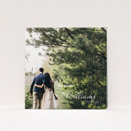 A wedding thank you card called "Thanks Bottom-Right". It is a square (148mm x 148mm) card in a square orientation. It is a photographic wedding thank you card with room for 1 photo. "Thanks Bottom-Right" is available as a flat card, with mainly white colouring.