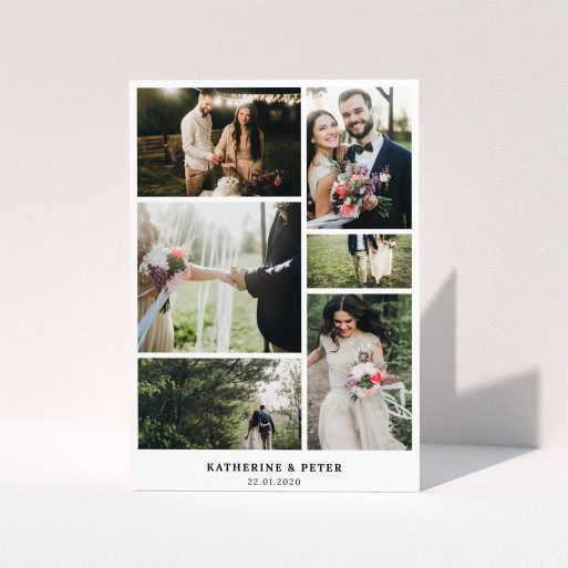 A wedding thank you card design called "Thanks with Lots of Photos". It is an A5 card in a portrait orientation. It is a photographic wedding thank you card with room for 6 photos. "Thanks with Lots of Photos" is available as a folded card, with mainly white colouring.