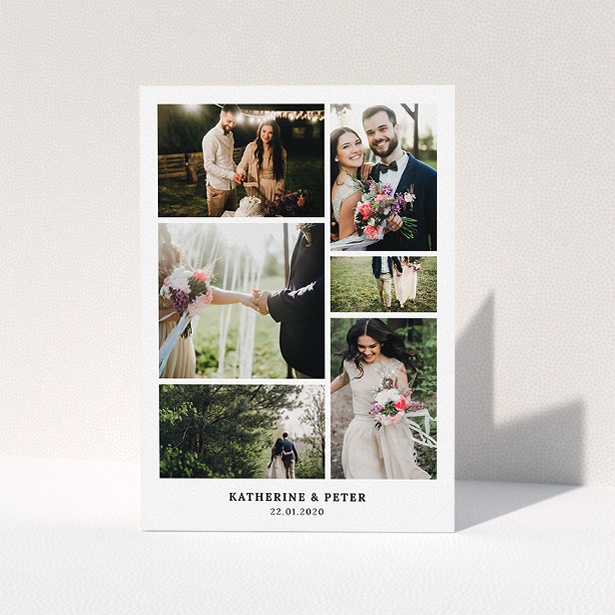 A wedding thank you card design called "Thanks with Lots of Photos". It is an A5 card in a portrait orientation. It is a photographic wedding thank you card with room for 6 photos. "Thanks with Lots of Photos" is available as a folded card, with mainly white colouring.