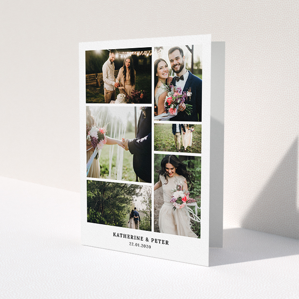 A wedding thank you card design called 'Thanks with Lots of Photos'. It is an A5 card in a portrait orientation. It is a photographic wedding thank you card with room for 6 photos. 'Thanks with Lots of Photos' is available as a folded card, with mainly white colouring.