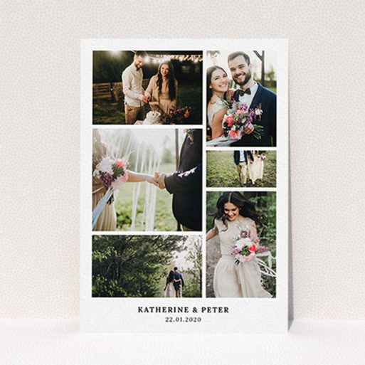 A wedding thank you card design named "Thanks with Lots of Photos". It is an A6 card in a portrait orientation. It is a photographic wedding thank you card with room for 6 photos. "Thanks with Lots of Photos" is available as a flat card, with mainly white colouring.