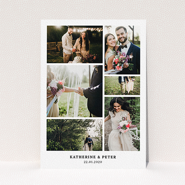 A wedding thank you card design named "Thanks with Lots of Photos". It is an A6 card in a portrait orientation. It is a photographic wedding thank you card with room for 6 photos. "Thanks with Lots of Photos" is available as a flat card, with mainly white colouring.