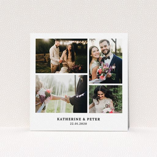 A wedding thank you card template titled "Thanks with Lots of Photos". It is a square (148mm x 148mm) card in a square orientation. It is a photographic wedding thank you card with room for 6 photos. "Thanks with Lots of Photos" is available as a flat card, with mainly white colouring.