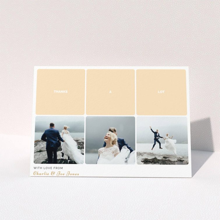 A wedding thank you card design named "Three-on-Three". It is an A5 card in a landscape orientation. It is a photographic wedding thank you card with room for 3 photos. "Three-on-Three" is available as a folded card, with tones of orange and white.