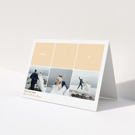 A wedding thank you card design named 'Three-on-Three'. It is an A5 card in a landscape orientation. It is a photographic wedding thank you card with room for 3 photos. 'Three-on-Three' is available as a folded card, with tones of orange and white.