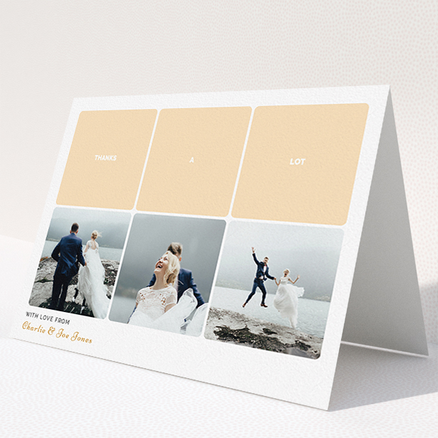 A wedding thank you card design named "Three-on-Three". It is an A5 card in a landscape orientation. It is a photographic wedding thank you card with room for 3 photos. "Three-on-Three" is available as a folded card, with tones of orange and white.