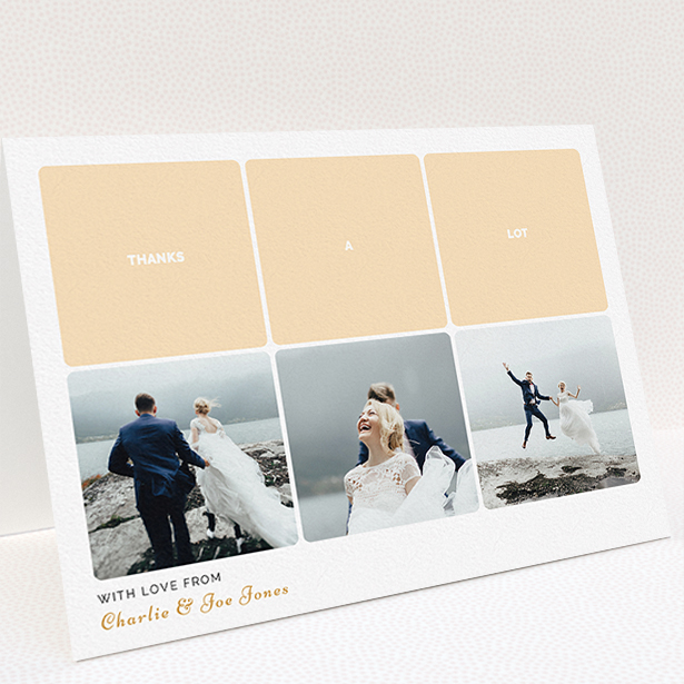 A wedding thank you card design named "Three-on-Three". It is an A5 card in a landscape orientation. It is a photographic wedding thank you card with room for 3 photos. "Three-on-Three" is available as a folded card, with tones of orange and white.