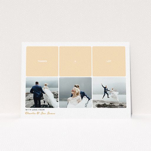 A wedding thank you card named "Three-on-Three". It is an A6 card in a landscape orientation. It is a photographic wedding thank you card with room for 3 photos. "Three-on-Three" is available as a flat card, with tones of orange and white.