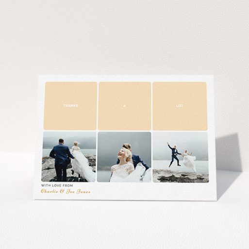 A wedding thank you card design called "Three-on-Three". It is an A6 card in a landscape orientation. It is a photographic wedding thank you card with room for 3 photos. "Three-on-Three" is available as a folded card, with tones of orange and white.