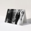 A wedding thank you card template titled "To the Left Photo". It is an A5 card in a landscape orientation. It is a photographic wedding thank you card with room for 1 photo. "To the Left Photo" is available as a folded card, with mainly white colouring.