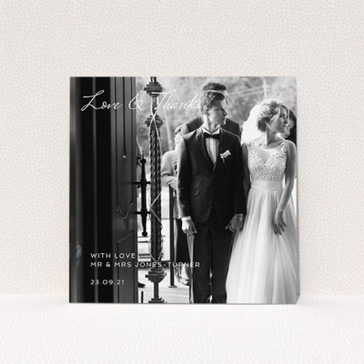 A wedding thank you card named "To the Left Photo". It is a square (148mm x 148mm) card in a square orientation. It is a photographic wedding thank you card with room for 1 photo. "To the Left Photo" is available as a flat card, with mainly white colouring.