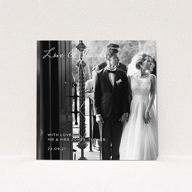 A wedding thank you card named "To the Left Photo". It is a square (148mm x 148mm) card in a square orientation. It is a photographic wedding thank you card with room for 1 photo. "To the Left Photo" is available as a flat card, with mainly white colouring.
