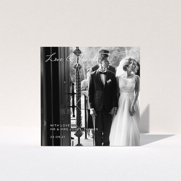A wedding thank you card template titled "To the Left Photo". It is a square (148mm x 148mm) card in a square orientation. It is a photographic wedding thank you card with room for 1 photo. "To the Left Photo" is available as a folded card, with mainly white colouring.