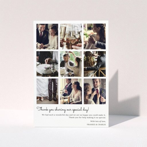 A wedding thank you card named "Too Many Good Memories". It is an A5 card in a portrait orientation. It is a photographic wedding thank you card with room for 9 photos "Too Many Good Memories" is available as a folded card, with mainly white colouring.