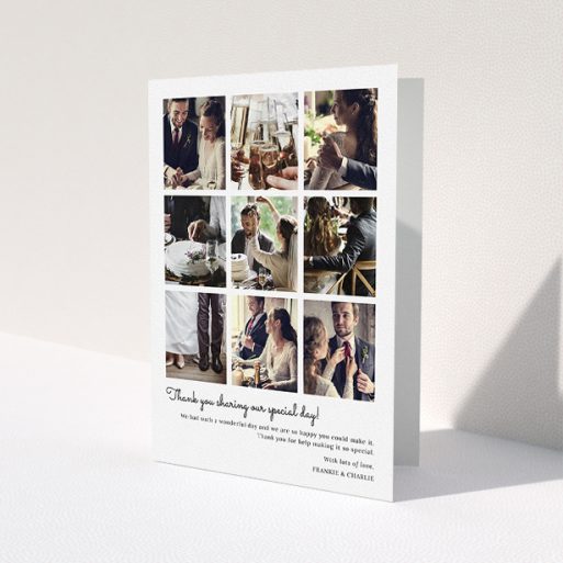 A wedding thank you card named 'Too Many Good Memories'. It is an A5 card in a portrait orientation. It is a photographic wedding thank you card with room for 9 photos 'Too Many Good Memories' is available as a folded card, with mainly white colouring.