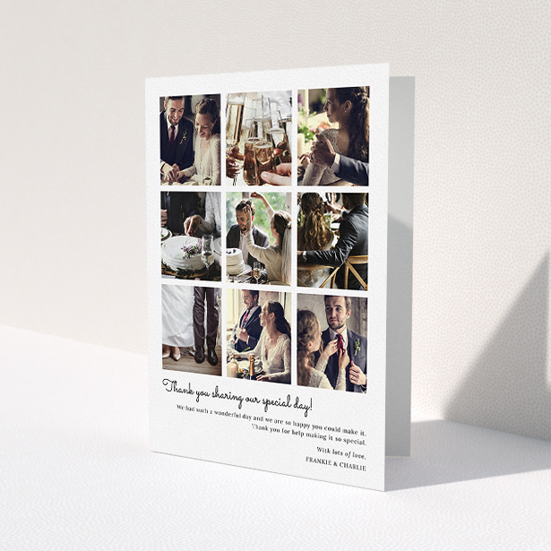A wedding thank you card named "Too Many Good Memories". It is an A5 card in a portrait orientation. It is a photographic wedding thank you card with room for 9 photos "Too Many Good Memories" is available as a folded card, with mainly white colouring.