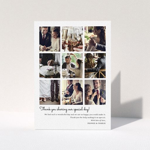 A wedding thank you card named "Too Many Good Memories". It is an A6 card in a portrait orientation. It is a photographic wedding thank you card with room for 9 photos "Too Many Good Memories" is available as a folded card, with mainly white colouring.