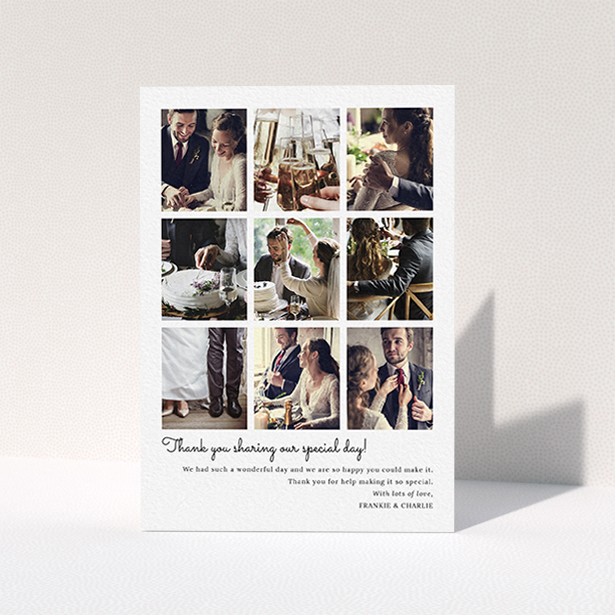 A wedding thank you card named "Too Many Good Memories". It is an A6 card in a portrait orientation. It is a photographic wedding thank you card with room for 9 photos "Too Many Good Memories" is available as a folded card, with mainly white colouring.
