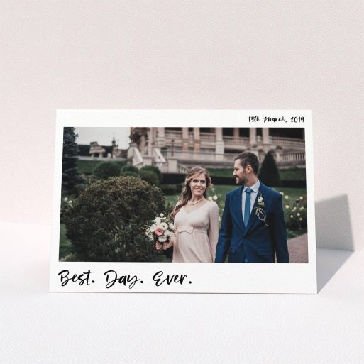 A wedding thank you card named "Top and Bottom Thanks". It is an A5 card in a landscape orientation. It is a photographic wedding thank you card with room for 1 photo. "Top and Bottom Thanks" is available as a folded card, with mainly white colouring.