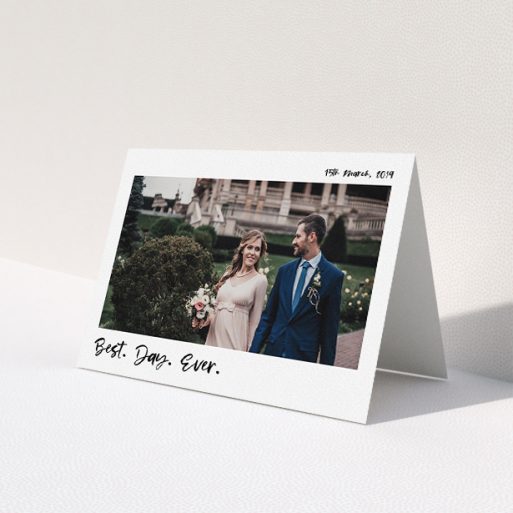 A wedding thank you card named 'Top and Bottom Thanks'. It is an A5 card in a landscape orientation. It is a photographic wedding thank you card with room for 1 photo. 'Top and Bottom Thanks' is available as a folded card, with mainly white colouring.