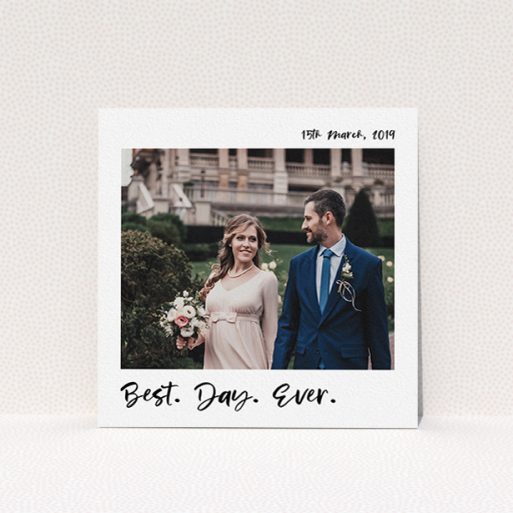 A wedding thank you card design titled "Top and Bottom Thanks". It is a square (148mm x 148mm) card in a square orientation. It is a photographic wedding thank you card with room for 1 photo. "Top and Bottom Thanks" is available as a flat card, with mainly white colouring.