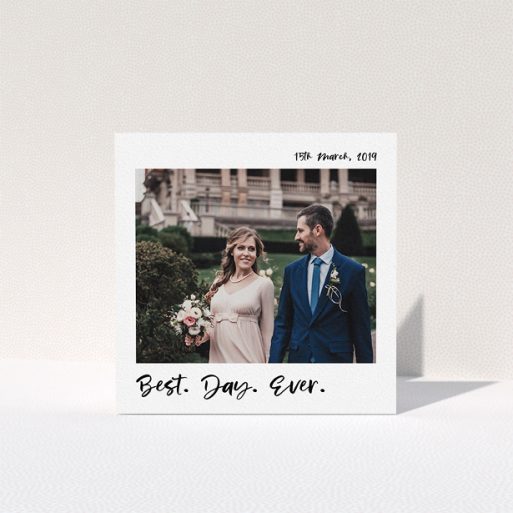 A wedding thank you card called "Top and Bottom Thanks". It is a square (148mm x 148mm) card in a square orientation. It is a photographic wedding thank you card with room for 1 photo. "Top and Bottom Thanks" is available as a folded card, with mainly white colouring.