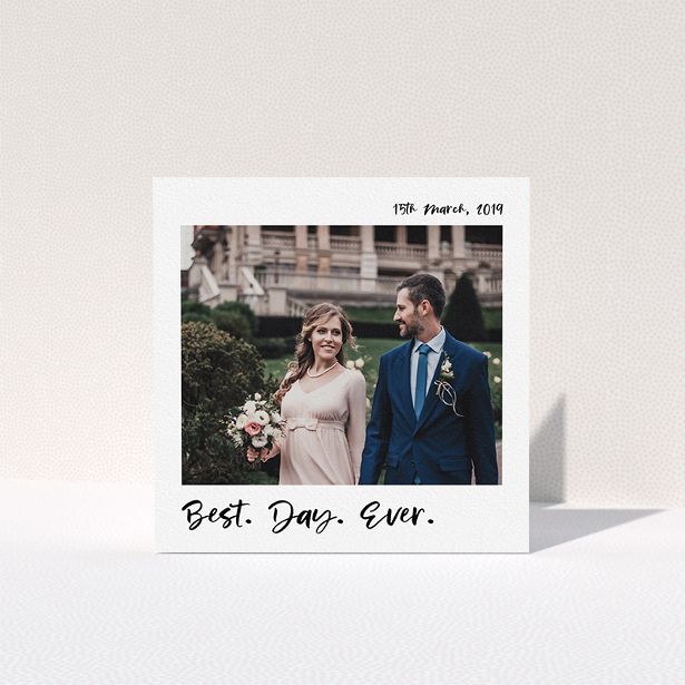 A wedding thank you card called "Top and Bottom Thanks". It is a square (148mm x 148mm) card in a square orientation. It is a photographic wedding thank you card with room for 1 photo. "Top and Bottom Thanks" is available as a folded card, with mainly white colouring.