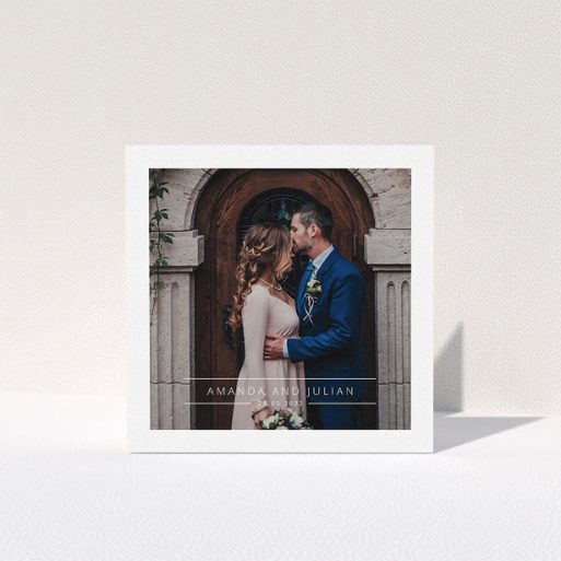 A wedding thank you card called "Tramlines". It is a square (148mm x 148mm) card in a square orientation. It is a photographic wedding thank you card with room for 1 photo. "Tramlines" is available as a folded card, with mainly white colouring.