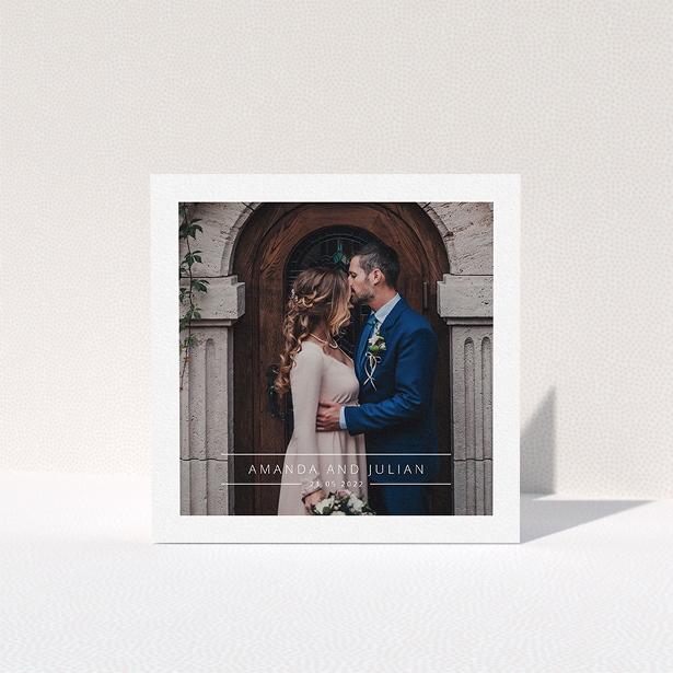 A wedding thank you card called "Tramlines". It is a square (148mm x 148mm) card in a square orientation. It is a photographic wedding thank you card with room for 1 photo. "Tramlines" is available as a folded card, with mainly white colouring.