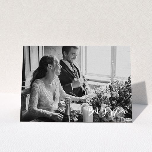 A wedding thank you card named "Truly It Was". It is an A6 card in a landscape orientation. It is a photographic wedding thank you card with room for 1 photo. "Truly It Was" is available as a folded card, with mainly white colouring.
