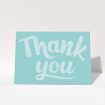 A wedding thank you card design named "Typography thank you". It is an A5 card in a landscape orientation. "Typography thank you" is available as a folded card, with mainly blue colouring.