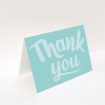 A wedding thank you card design named "Typography thank you". It is an A5 card in a landscape orientation. "Typography thank you" is available as a folded card, with mainly blue colouring.