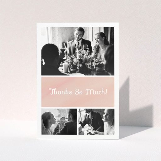 A wedding thank you card design named "Watercolour Pink Thanks". It is an A5 card in a portrait orientation. It is a photographic wedding thank you card with room for 3 photos. "Watercolour Pink Thanks" is available as a folded card, with tones of pink and white.