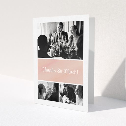 A wedding thank you card design named 'Watercolour Pink Thanks'. It is an A5 card in a portrait orientation. It is a photographic wedding thank you card with room for 3 photos. 'Watercolour Pink Thanks' is available as a folded card, with tones of pink and white.