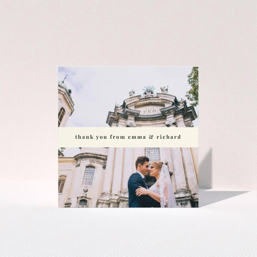 A wedding thank you card design titled "White banner". It is a square (148mm x 148mm) card in a square orientation. It is a photographic wedding thank you card with room for 1 photo. "White banner" is available as a folded card, with mainly cream colouring.