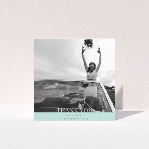 A wedding thank you card named "Window on the world". It is a square (148mm x 148mm) card in a square orientation. It is a photographic wedding thank you card with room for 1 photo. "Window on the world" is available as a folded card, with mainly green colouring.