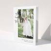 A wedding thank you card design called "Written up the Side". It is an A5 card in a portrait orientation. It is a photographic wedding thank you card with room for 1 photo. "Written up the Side" is available as a folded card, with mainly white colouring.