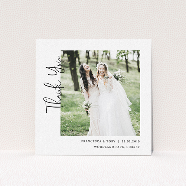 A wedding thank you card called "Written up the Side". It is a square (148mm x 148mm) card in a square orientation. It is a photographic wedding thank you card with room for 1 photo. "Written up the Side" is available as a flat card, with mainly white colouring.