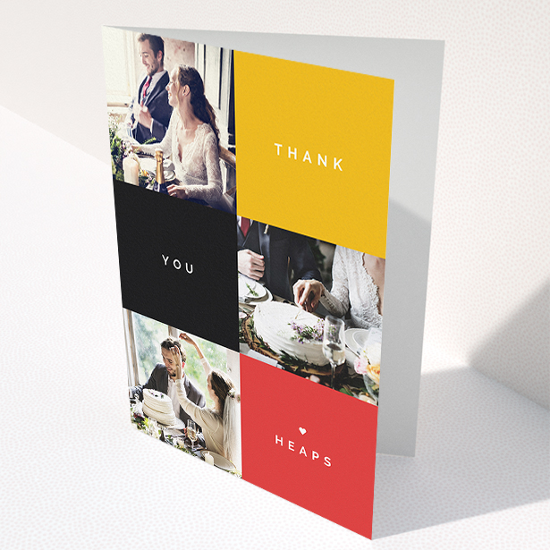 A wedding thank you card called "Yellow, Black, Red". It is an A5 card in a portrait orientation. It is a photographic wedding thank you card with room for 3 photos. "Yellow, Black, Red" is available as a folded card, with tones of black, red and yellow.