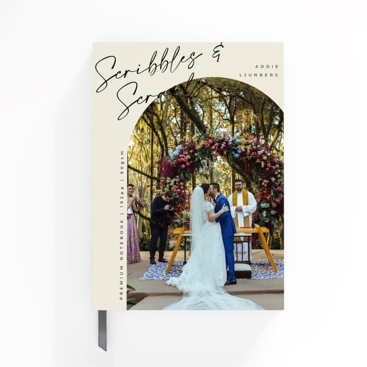 Wedding-themed notebook design featuring one photograph on the front cover, perfect for personalised stationery from Utterly Printable.