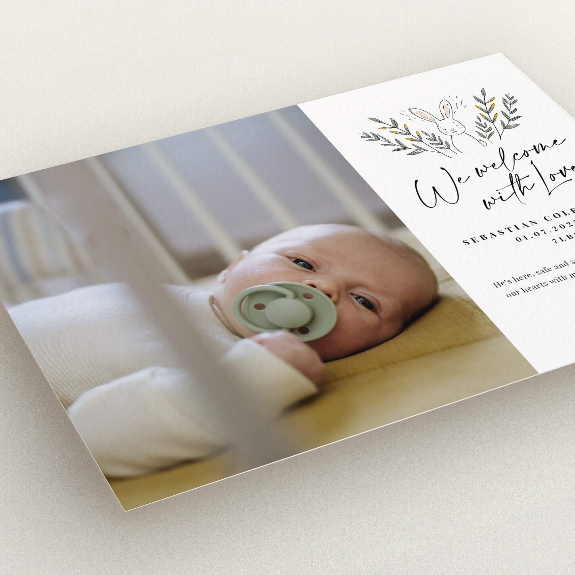 Birth announcement card design featuring a baby, with one photo included.
