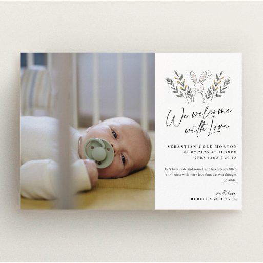 Birth announcement card design featuring a baby, with one photo included.