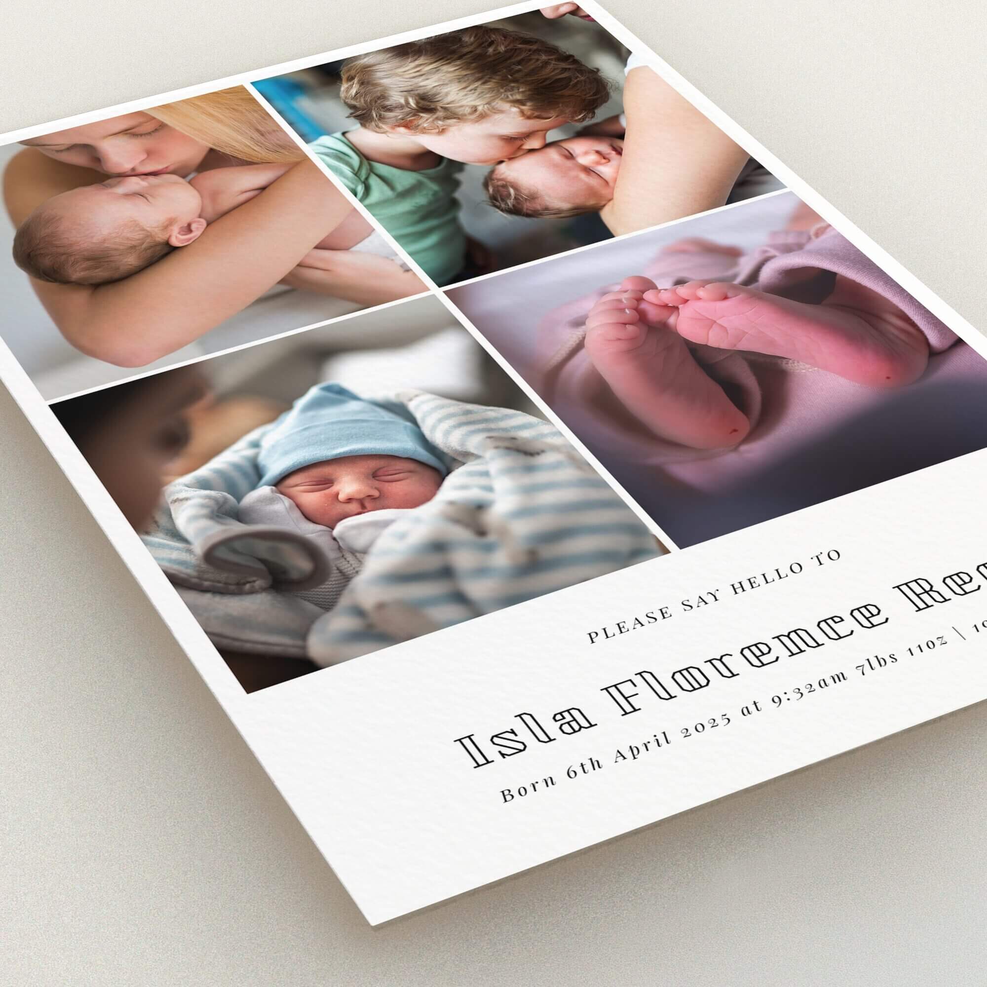 Four-photo birth announcement card design with a minimalistic and modern style.