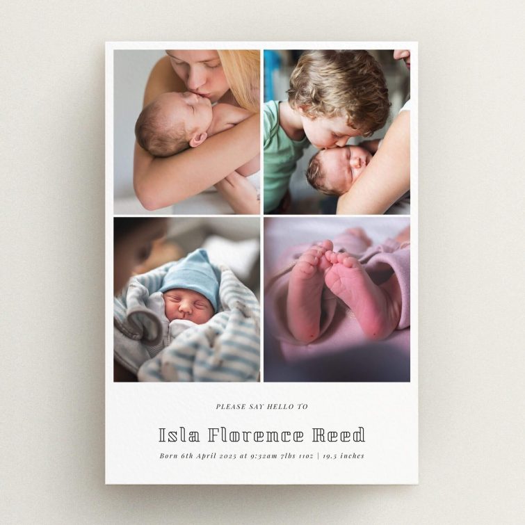 Four-photo birth announcement card design with a minimalistic and modern style.