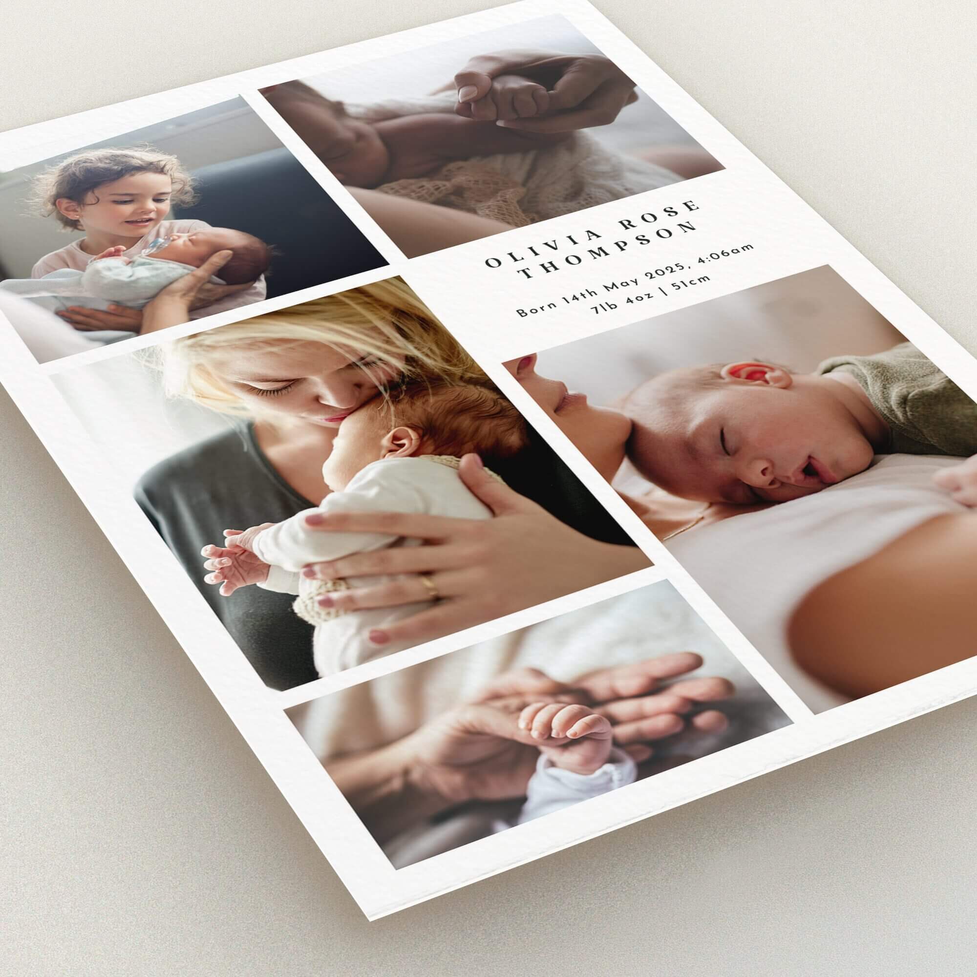 Birth announcement card featuring five photos of a newborn and family moments