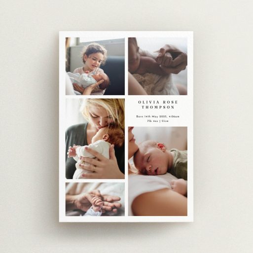Birth announcement card featuring five photos of a newborn and family moments